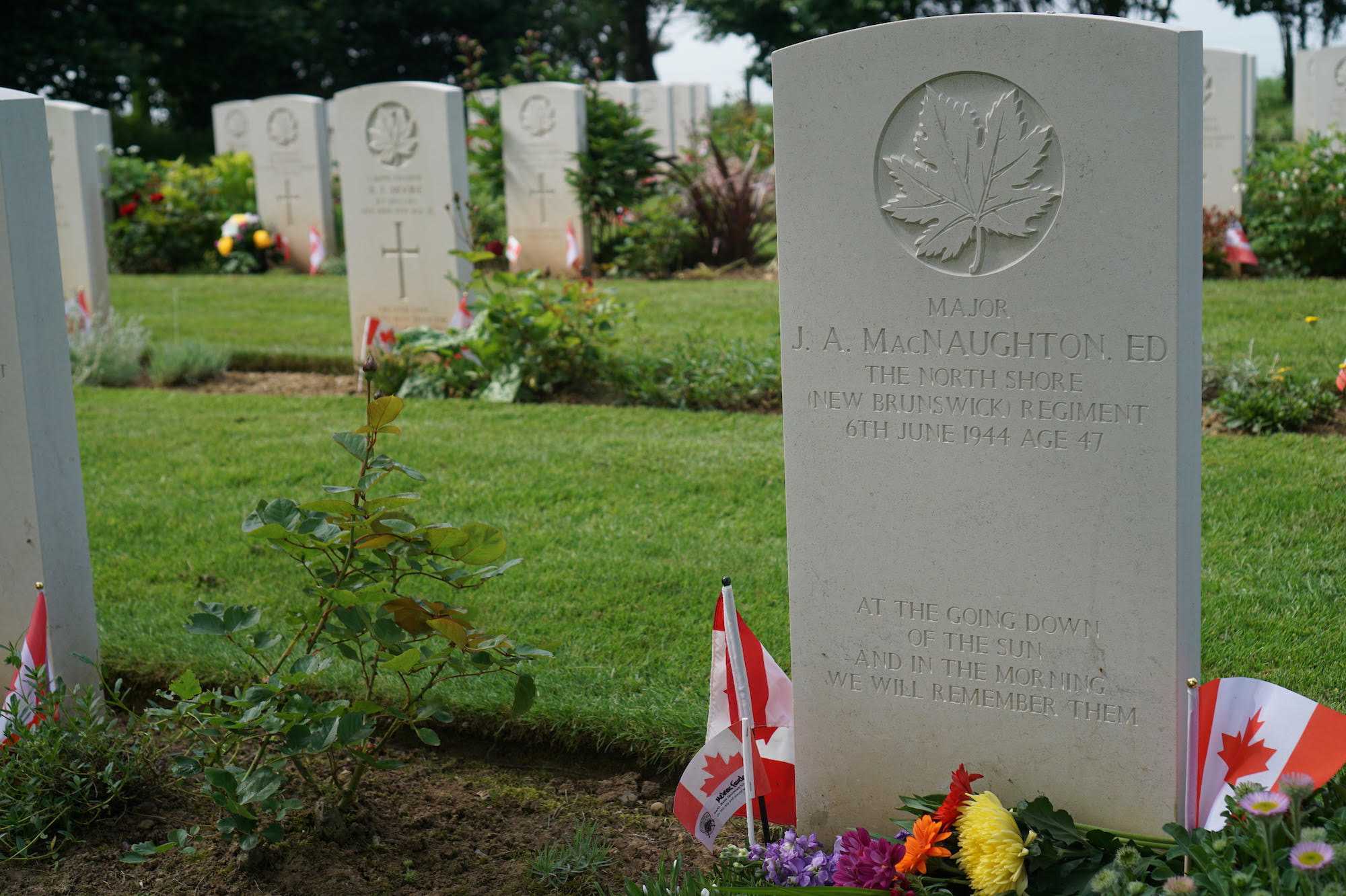 Photographie en couleur – La tombe d’Archie, au cimetière militaire canadien de Bény-sur-Mer. Des fleurs et de petits drapeaux canadiens sont plantés au pied de la tombe.